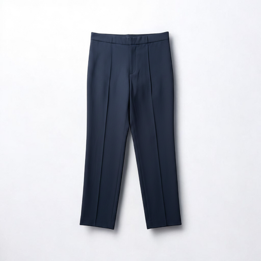Gray MM LaFleur tech pants hanging on a hanger front and back views with close up of waistband, zipper, and label front on white muslin photography backdrop
