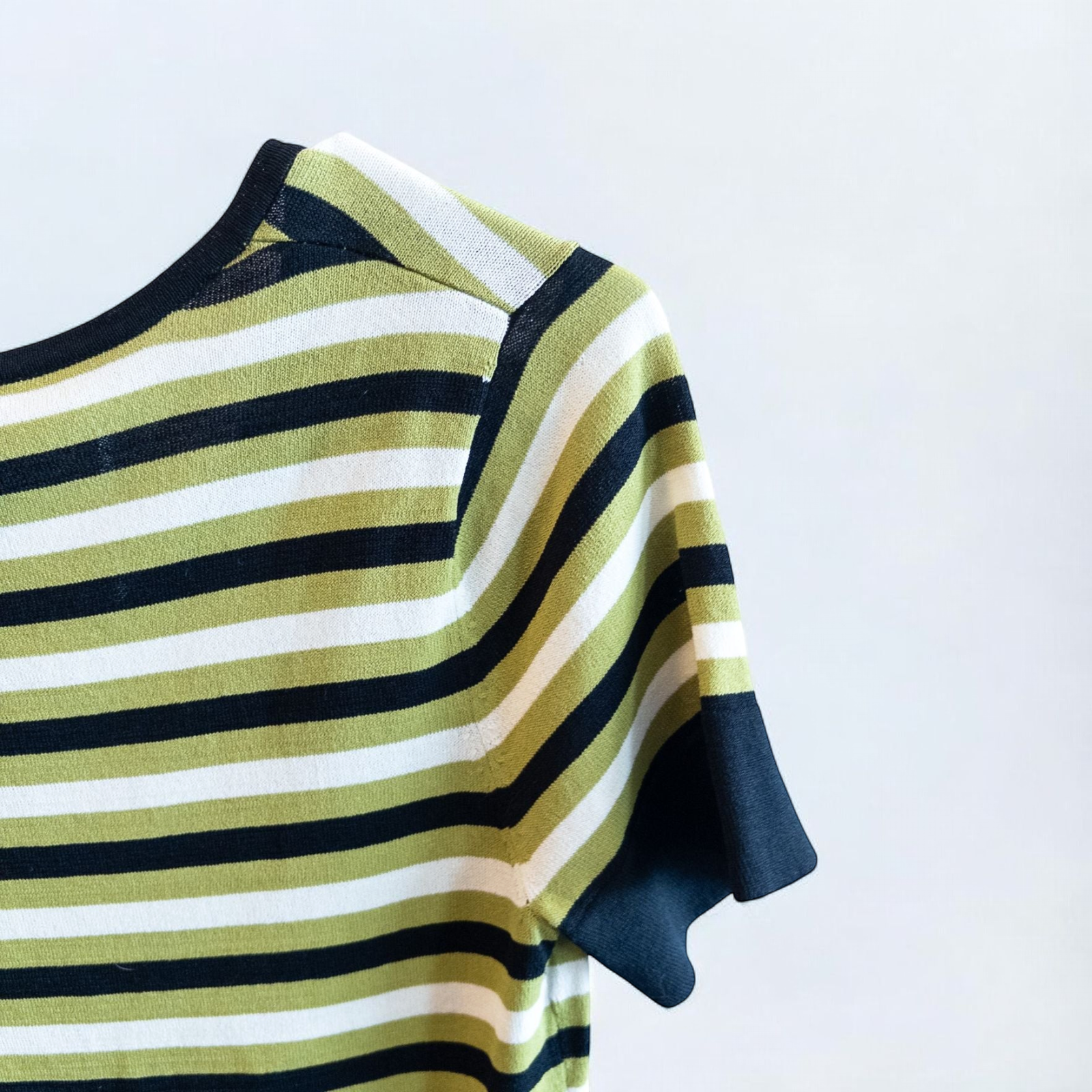 Massini vintage striped green black knit shirt for women with half-zip front and short sleeves image 10