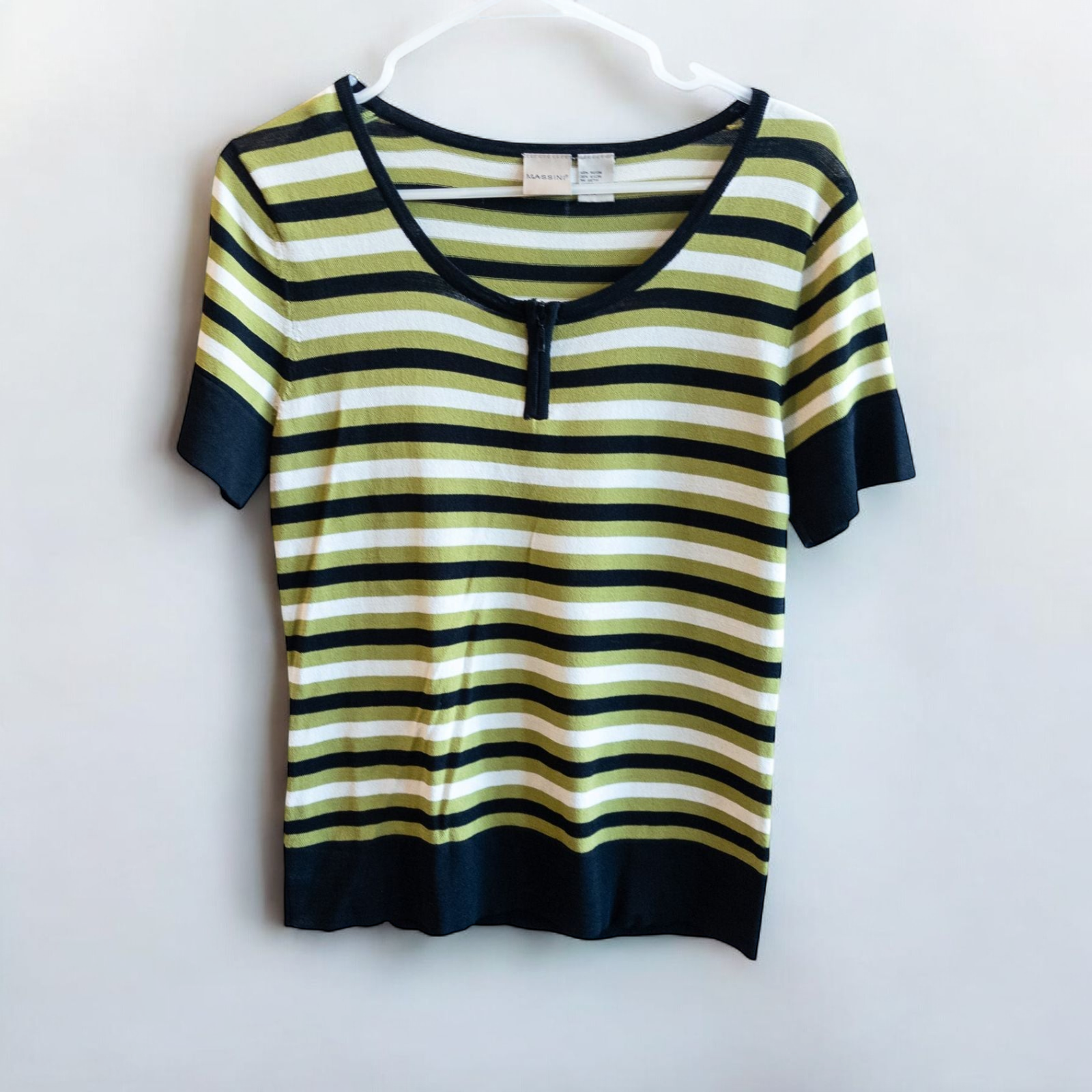 Massini vintage striped green black knit shirt for women with half-zip front and short sleeves