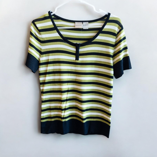 Massini vintage striped green black knit shirt for women with half-zip front and short sleeves