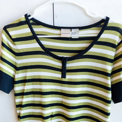 Massini vintage striped green black knit shirt for women with half-zip front and short sleeves image 2