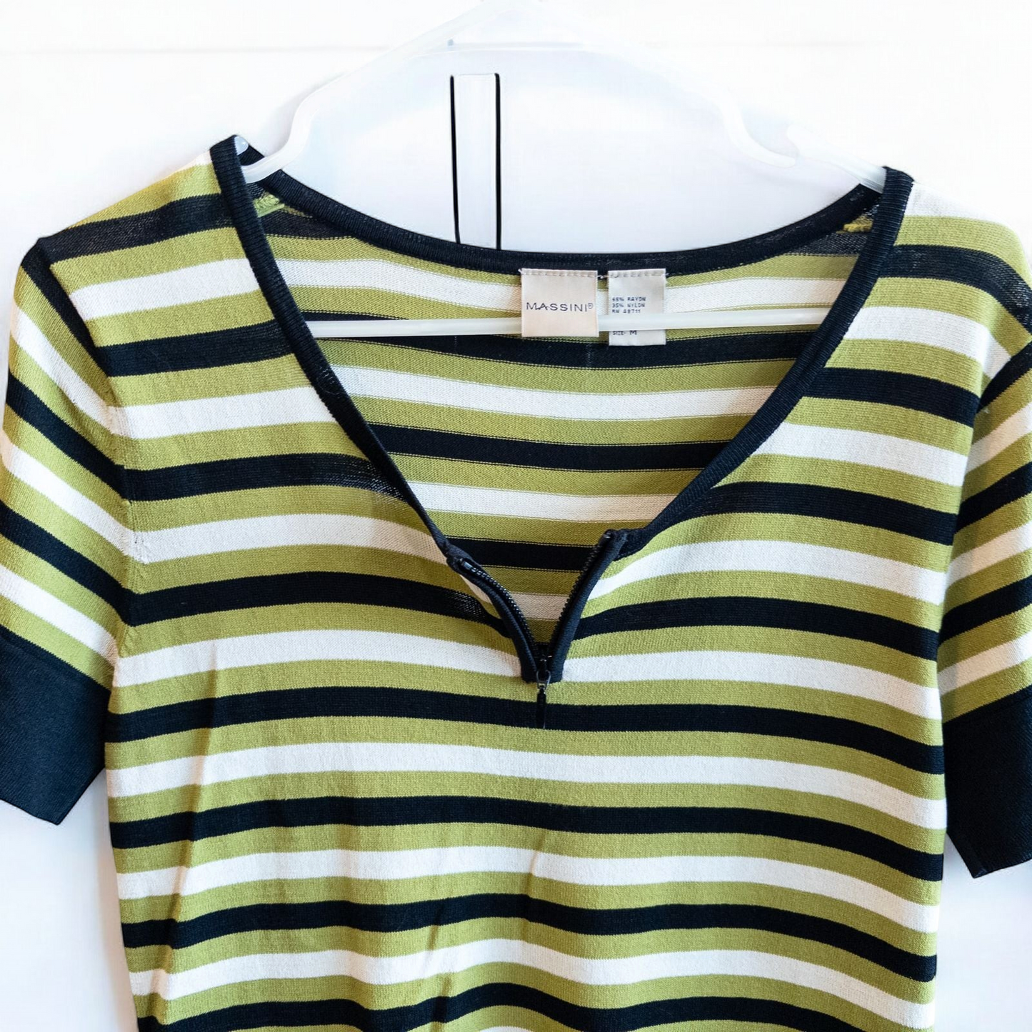 Massini vintage striped green black knit shirt for women with half-zip front and short sleeves image 4