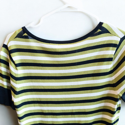 Massini vintage striped green black knit shirt for women with half-zip front and short sleeves image 9