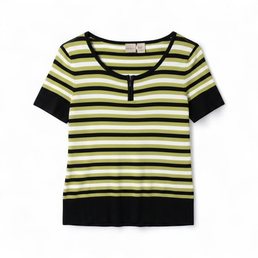 Massini vintage striped green black knit shirt for women with half-zip front and short sleeves front on white muslin photography backdrop