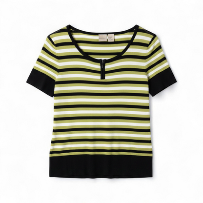 Massini vintage striped green black knit shirt for women with half-zip front and short sleeves front on white muslin photography backdrop