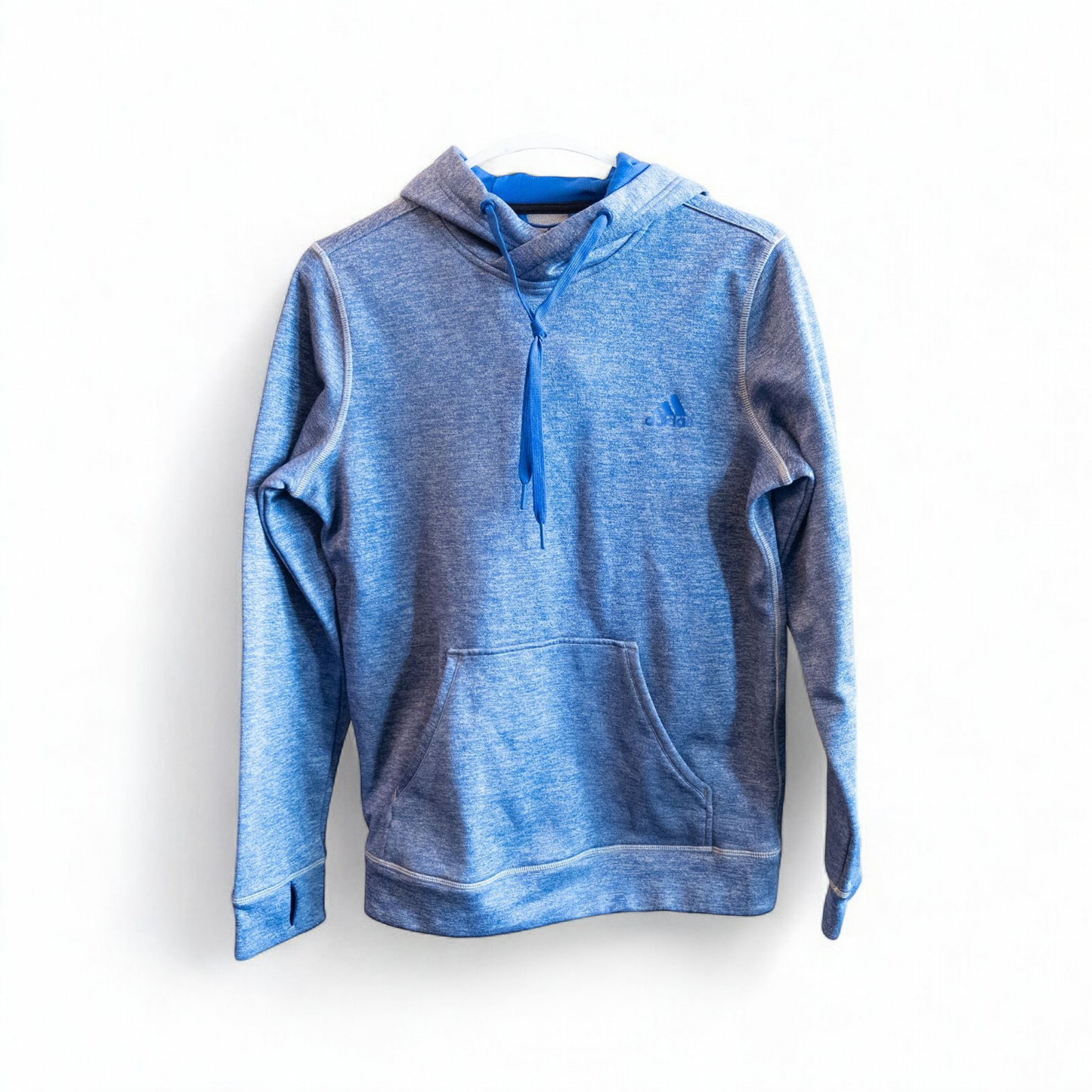 Adidas Climawarm blue heathered fleece pullover hoodie with kangaroo pocket and thumbhole cuffs shown front and back