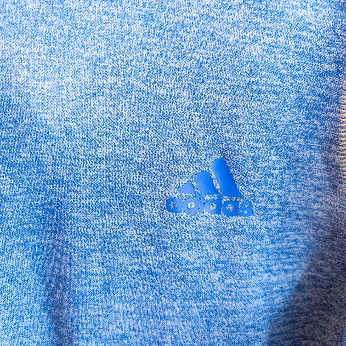 Adidas Climawarm blue heathered fleece pullover hoodie with kangaroo pocket and thumbhole cuffs shown front and back image 2