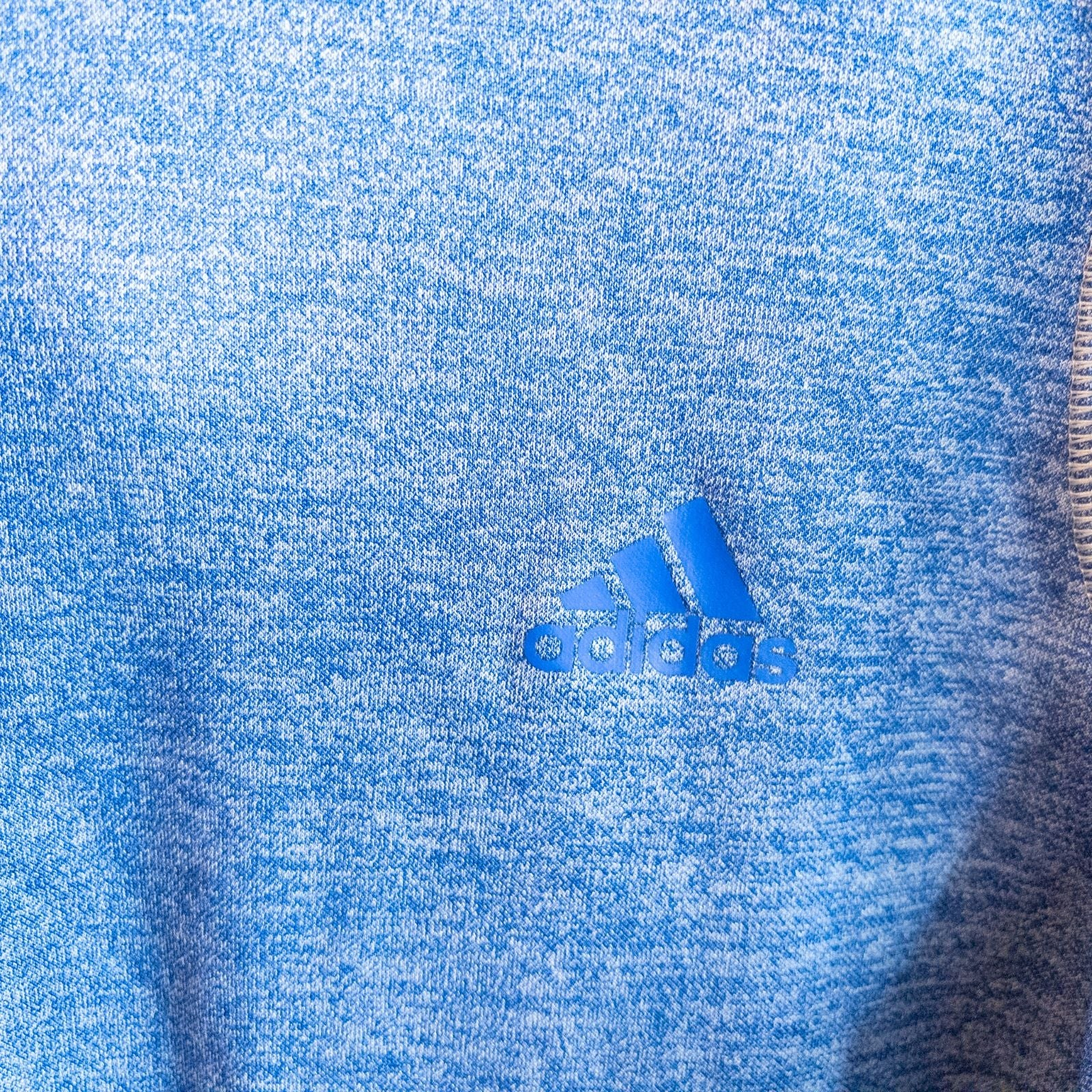 Adidas Climawarm blue heathered fleece pullover hoodie with kangaroo pocket and thumbhole cuffs shown front and back image 2