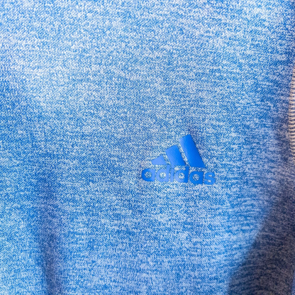 Adidas Climawarm blue heathered fleece pullover hoodie with kangaroo pocket and thumbhole cuffs shown front and back image 2