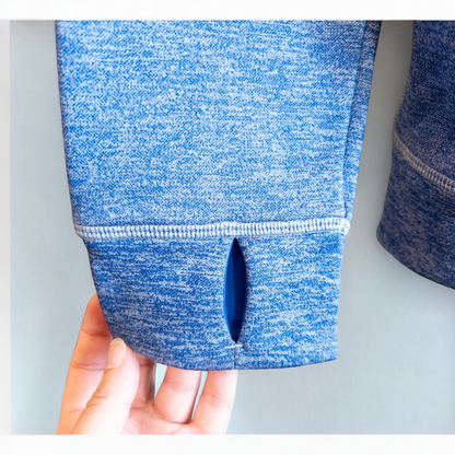 Adidas Climawarm blue heathered fleece pullover hoodie with kangaroo pocket and thumbhole cuffs shown front and back image 3