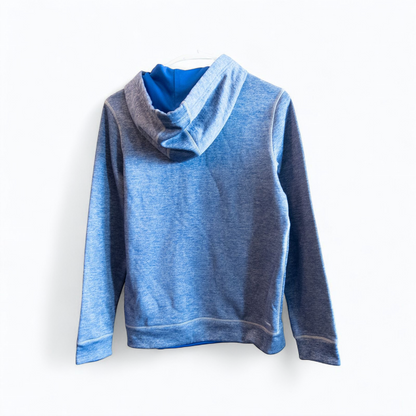 Adidas Climawarm blue heathered fleece pullover hoodie with kangaroo pocket and thumbhole cuffs shown front and back image 4