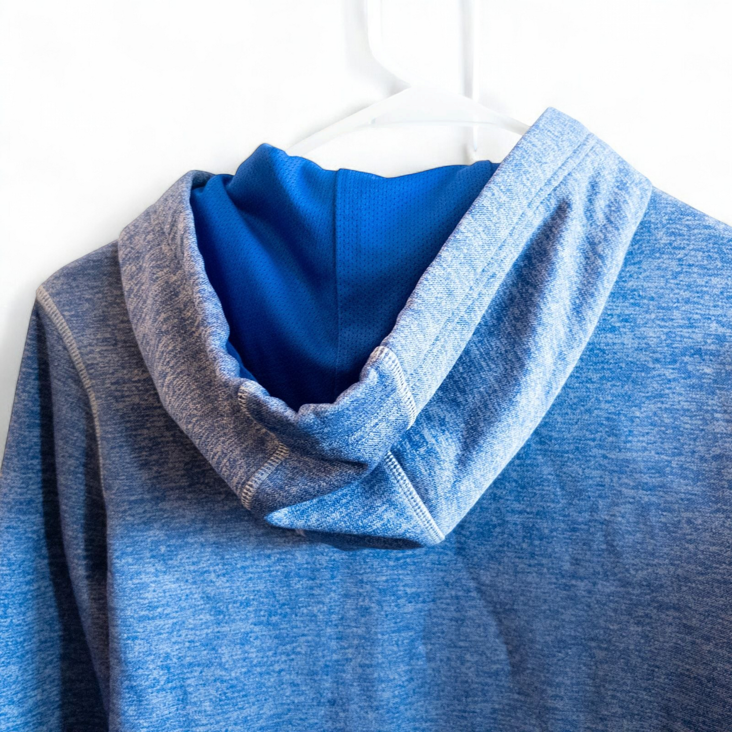Adidas Climawarm blue heathered fleece pullover hoodie with kangaroo pocket and thumbhole cuffs shown front and back image 5