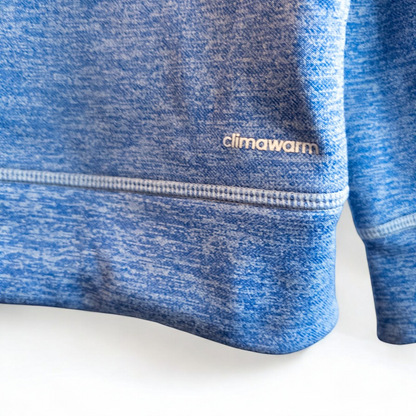 Adidas Climawarm blue heathered fleece pullover hoodie with kangaroo pocket and thumbhole cuffs shown front and back image 6