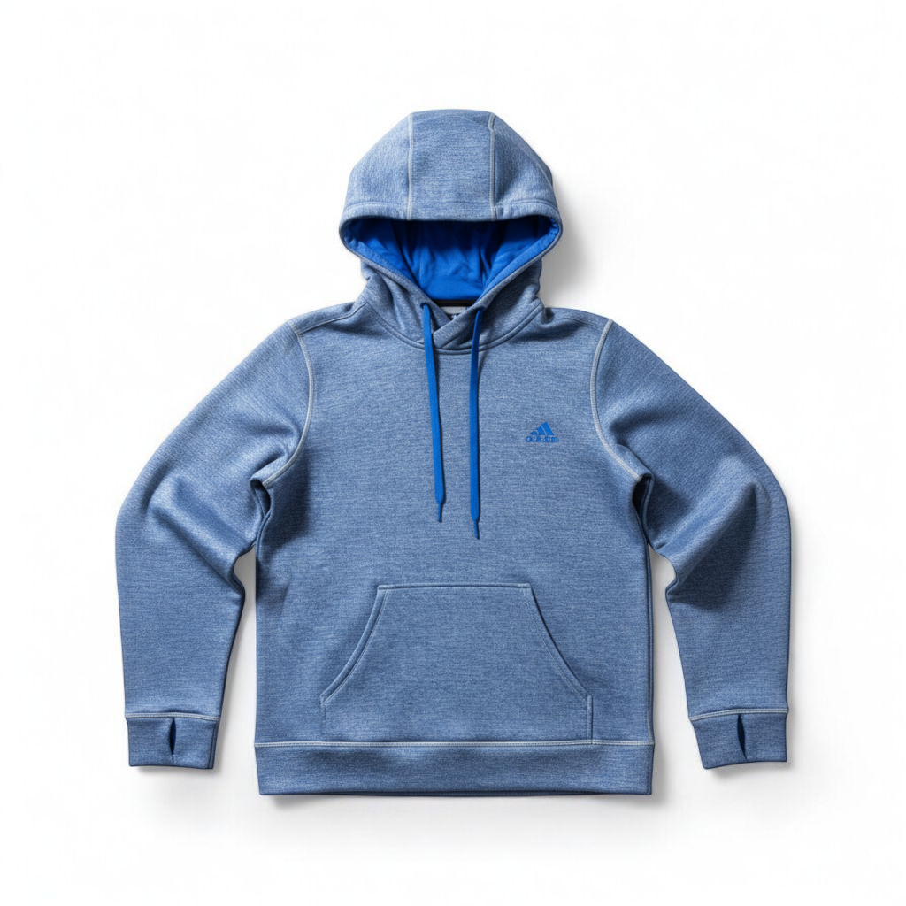 Adidas Climawarm blue heathered fleece pullover hoodie with kangaroo pocket and thumbhole cuffs shown front and back front on white muslin photography backdrop