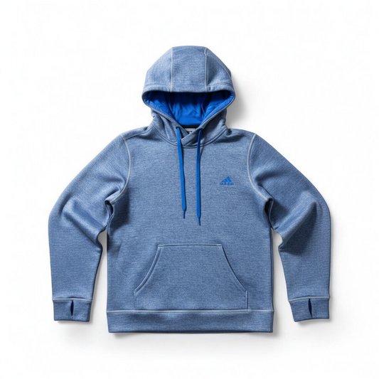 Adidas Climawarm blue heathered fleece pullover hoodie with kangaroo pocket and thumbhole cuffs shown front and back front on white muslin photography backdrop
