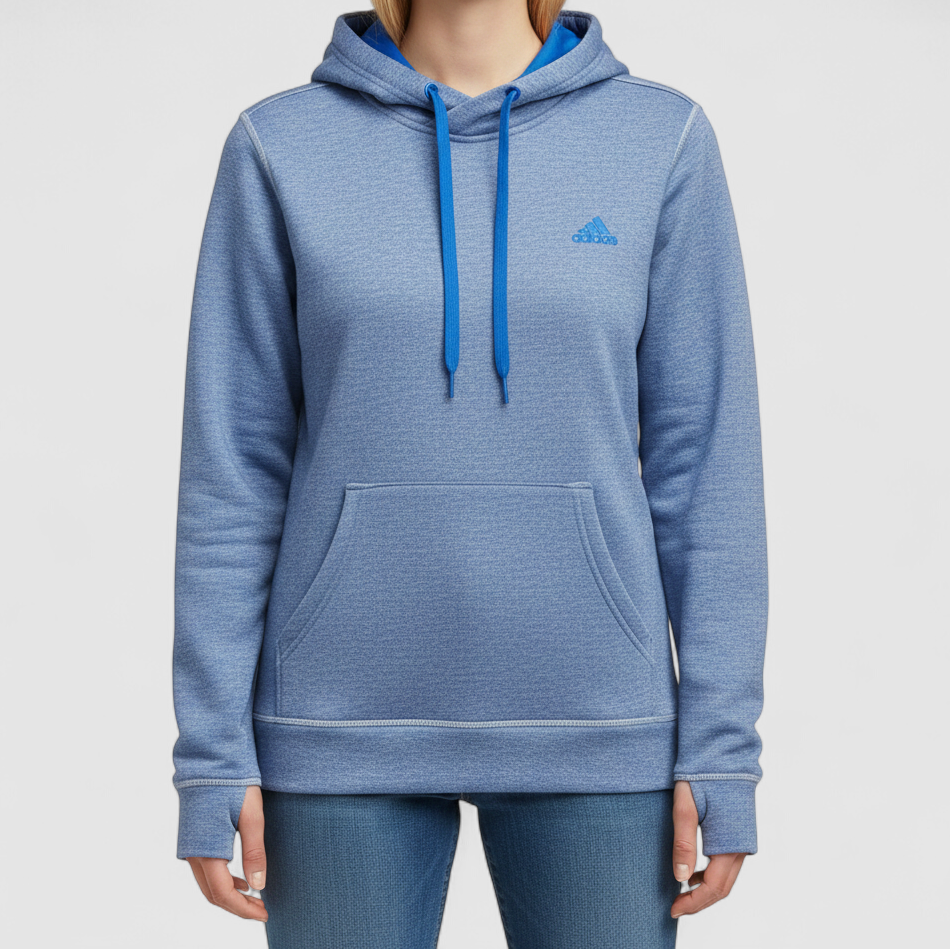 Adidas Climawarm blue heathered fleece pullover hoodie with kangaroo pocket and thumbhole cuffs shown front and back on model