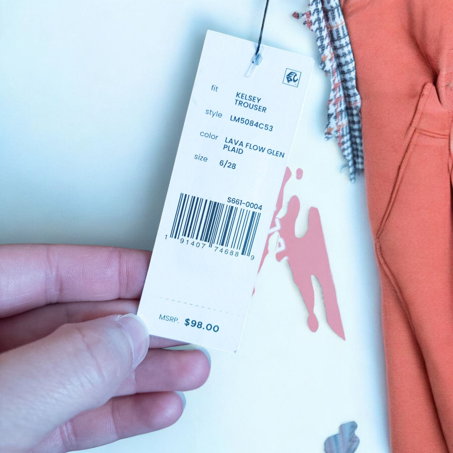 Liverpool Kelsey Lava Flow orange plaid straight leg trousers with tags hanging on white cabinet image 14