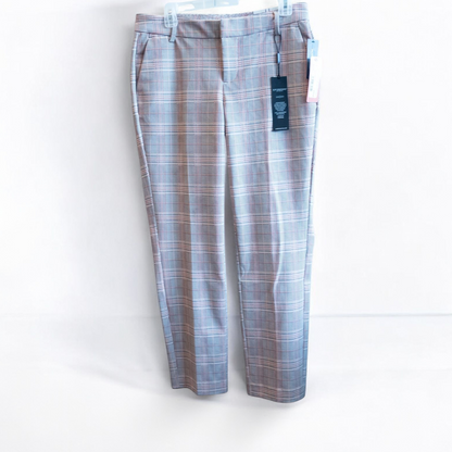 Liverpool Kelsey Lava Flow orange plaid straight leg trousers with tags hanging on white cabinet