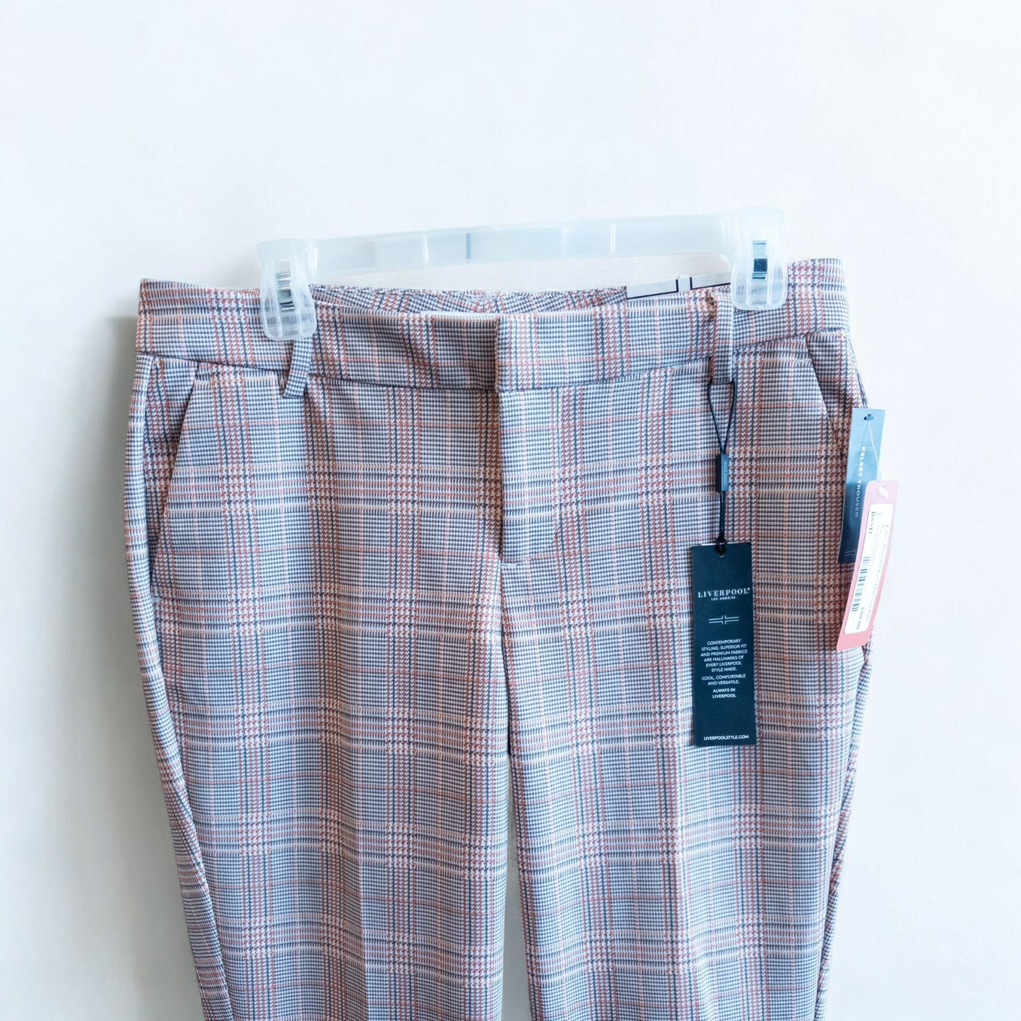 Liverpool Kelsey Lava Flow orange plaid straight leg trousers with tags hanging on white cabinet image 2