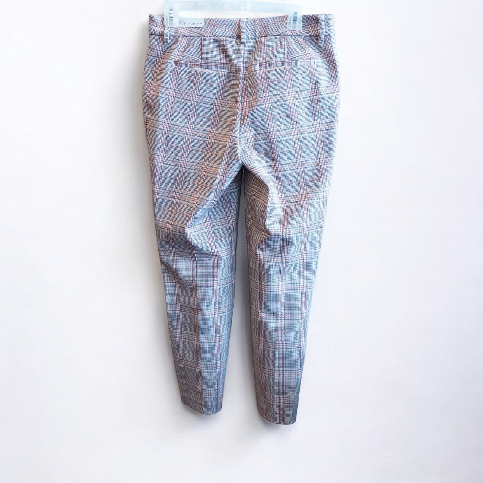 Liverpool Kelsey Lava Flow orange plaid straight leg trousers with tags hanging on white cabinet image 6