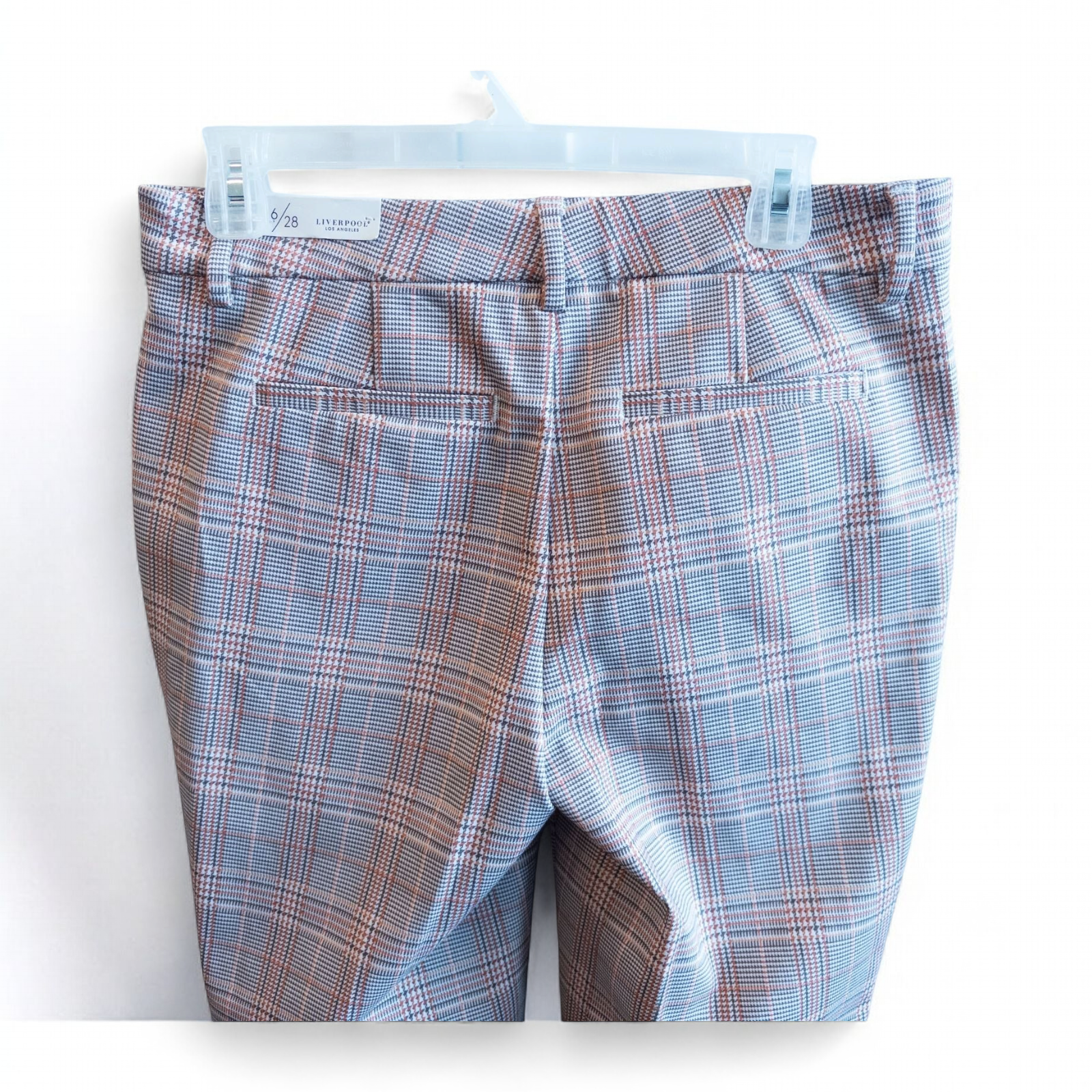 Liverpool Kelsey Lava Flow orange plaid straight leg trousers with tags hanging on white cabinet image 7