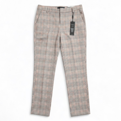 Liverpool Kelsey Lava Flow orange plaid straight leg trousers with tags hanging on white cabinet front on white muslin photography backdrop