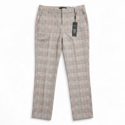 Liverpool Kelsey Lava Flow orange plaid straight leg trousers with tags hanging on white cabinet front on white muslin photography backdrop