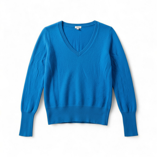 Halogen bright blue v neck cashmere sweater womens medium displayed on hanger front on white muslin photography backdrop