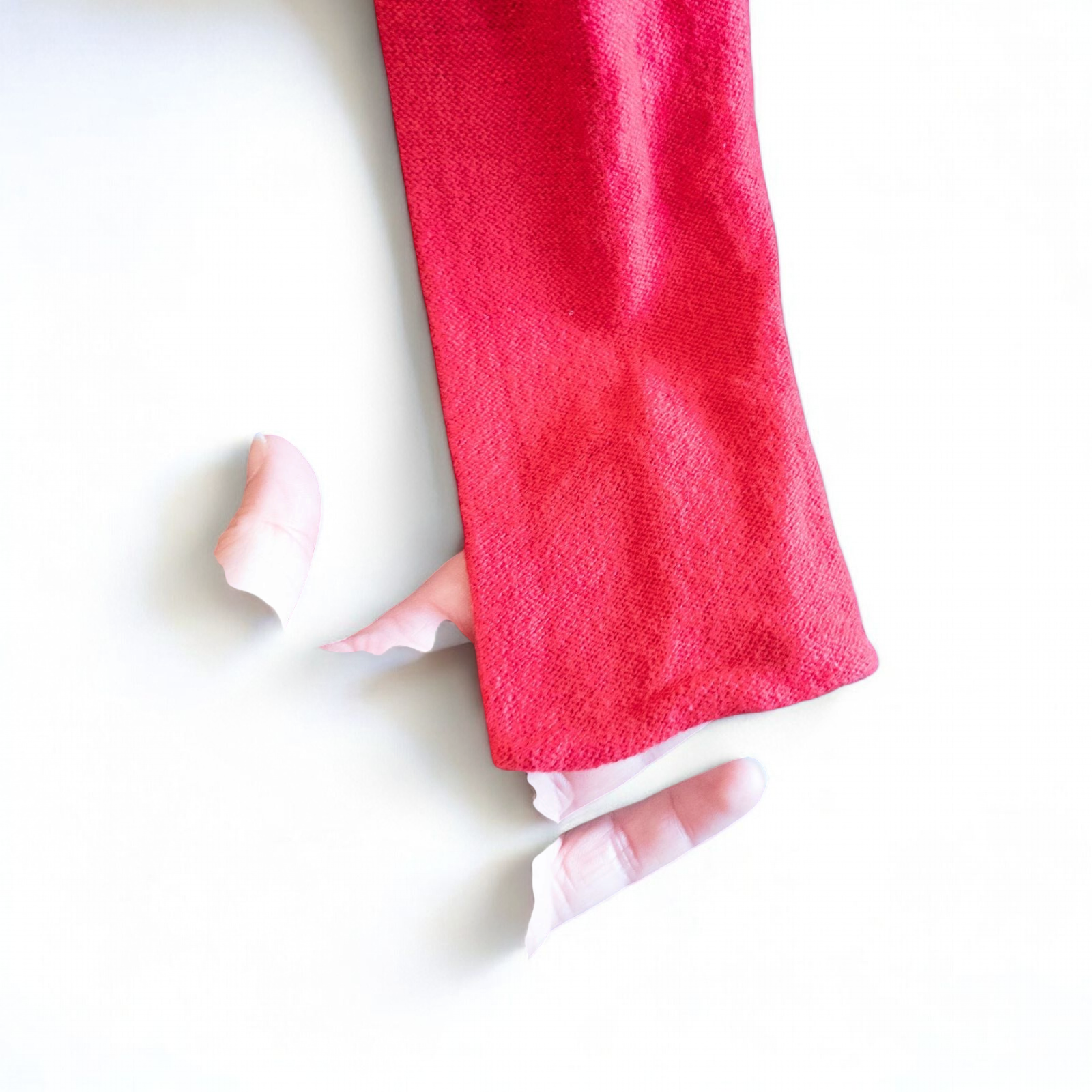 Free People red wool knit cardigan sweater with hood and button front, hung on white hanger image 6