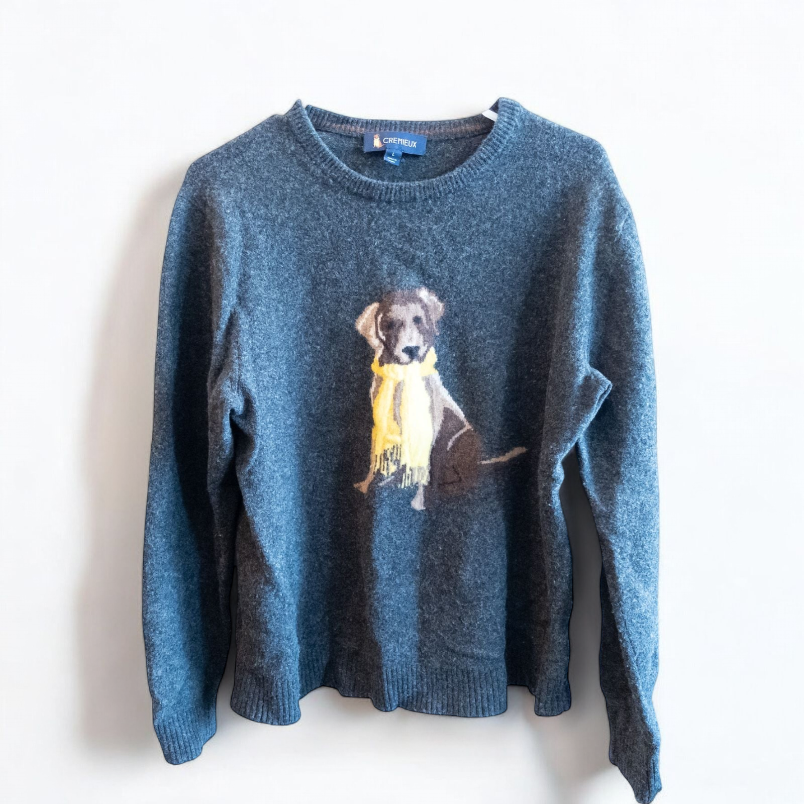 Cremieux men's gray wool sweater with sitting dog graphic wearing a yellow scarf front view