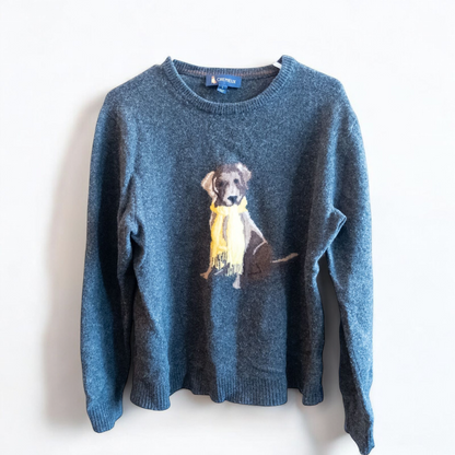Cremieux men's gray wool sweater with sitting dog graphic wearing a yellow scarf front view