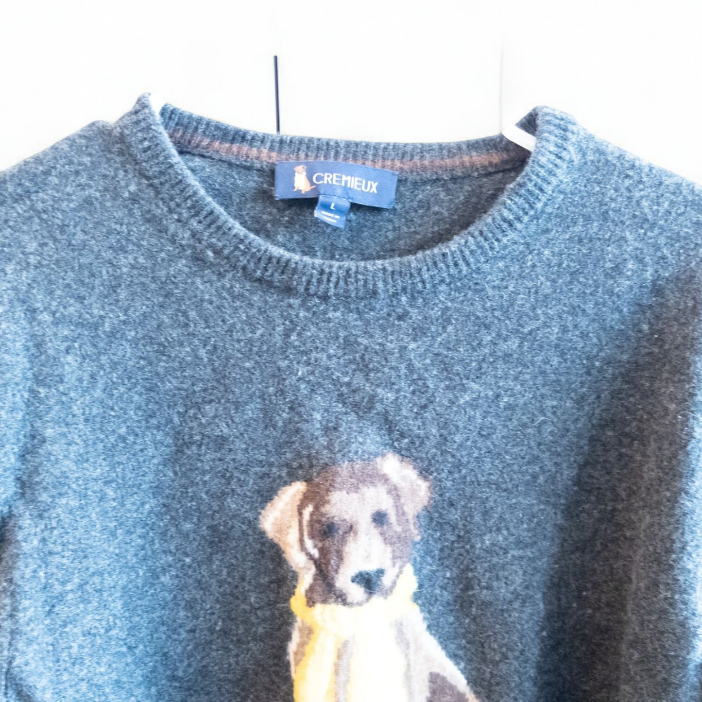 Cremieux men's gray wool sweater with sitting dog graphic wearing a yellow scarf front view image 2