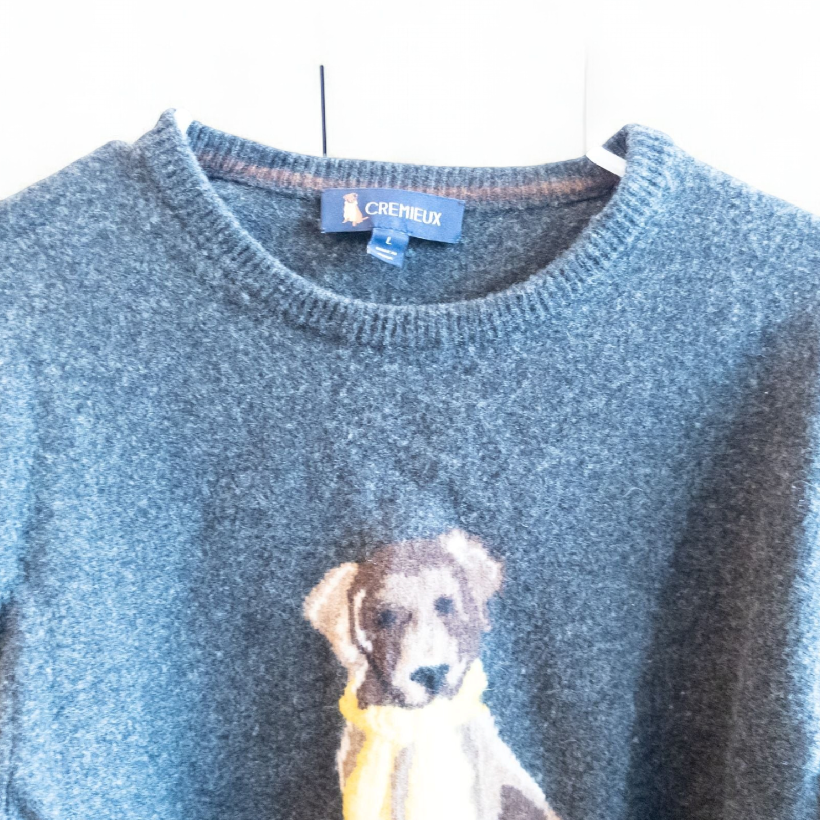 Cremieux men's gray wool sweater with sitting dog graphic wearing a yellow scarf front view image 2