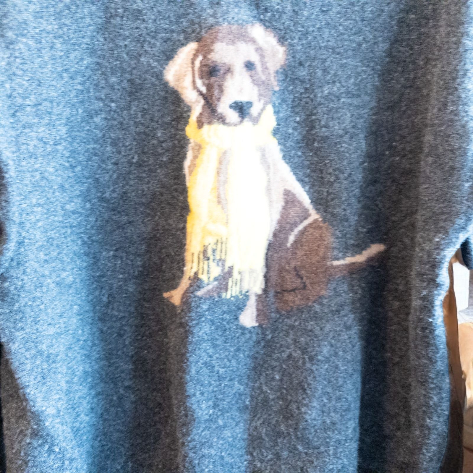 Cremieux men's gray wool sweater with sitting dog graphic wearing a yellow scarf front view image 3