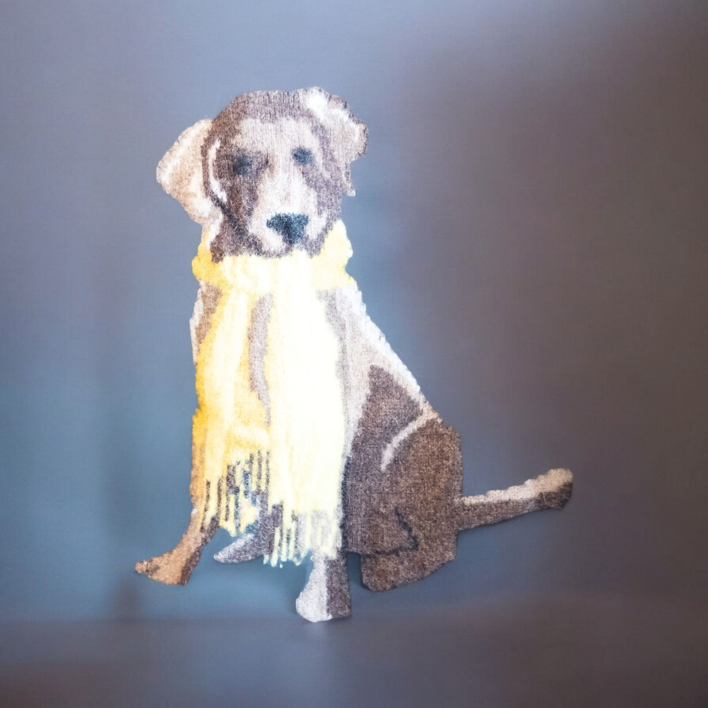 Cremieux men's gray wool sweater with sitting dog graphic wearing a yellow scarf front view image 4