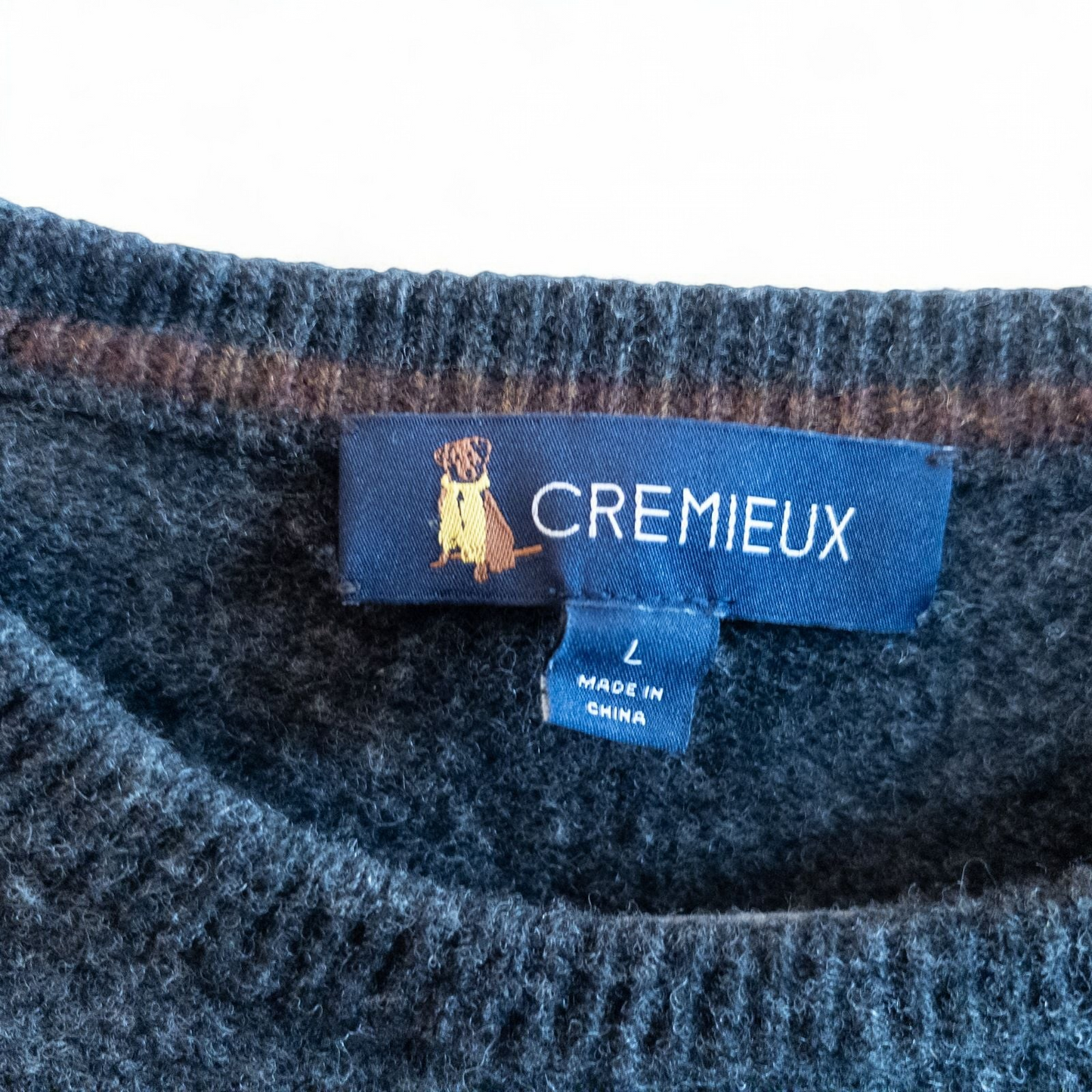 Cremieux men's gray wool sweater with sitting dog graphic wearing a yellow scarf front view image 8