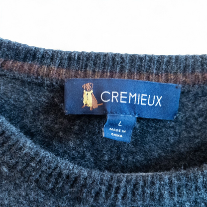 Cremieux men's gray wool sweater with sitting dog graphic wearing a yellow scarf front view image 8