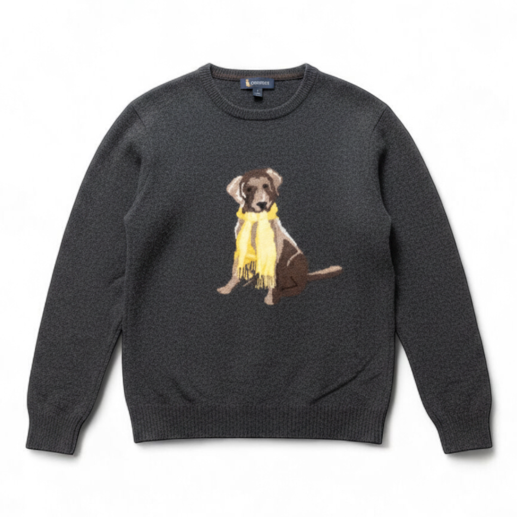 Cremieux men's gray wool sweater with sitting dog graphic wearing a yellow scarf front view front on white muslin photography backdrop