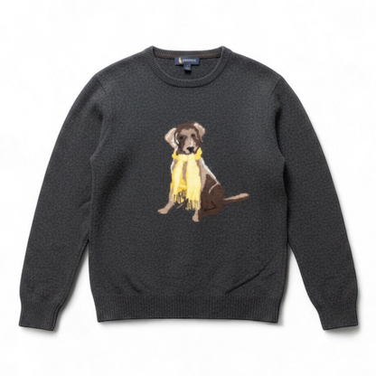 Cremieux men's gray wool sweater with sitting dog graphic wearing a yellow scarf front view front on white muslin photography backdrop
