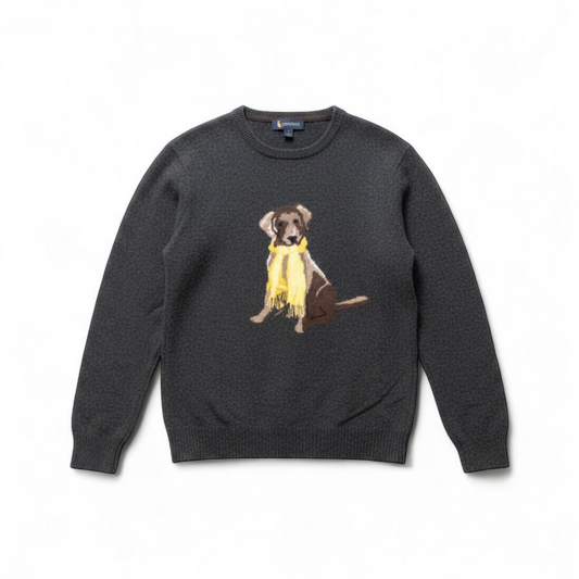 Cremieux men's gray wool sweater with sitting dog graphic wearing a yellow scarf front view front on white muslin photography backdrop