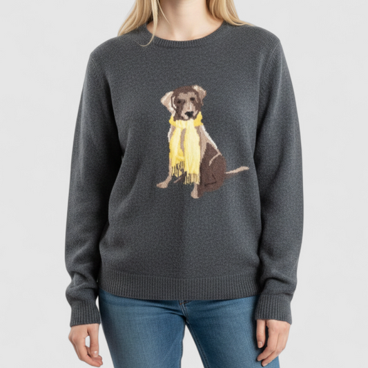 Cremieux men's gray wool sweater with sitting dog graphic wearing a yellow scarf front view on model