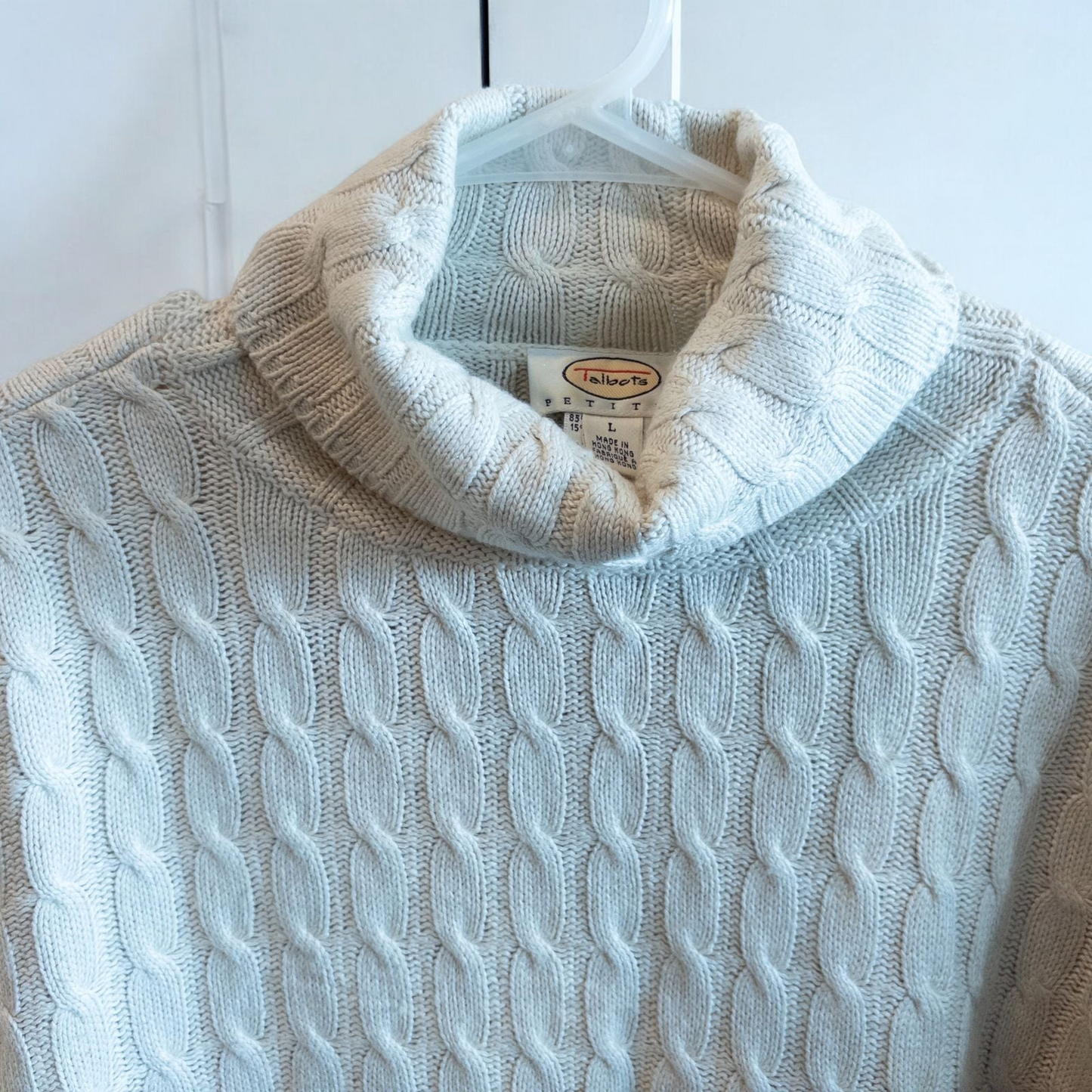Tan cable knit Talbots turtleneck sweater with silk cashmere blend hanging on a white hanger image 2