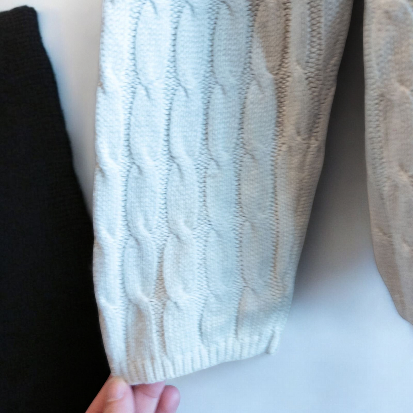 Tan cable knit Talbots turtleneck sweater with silk cashmere blend hanging on a white hanger image 3