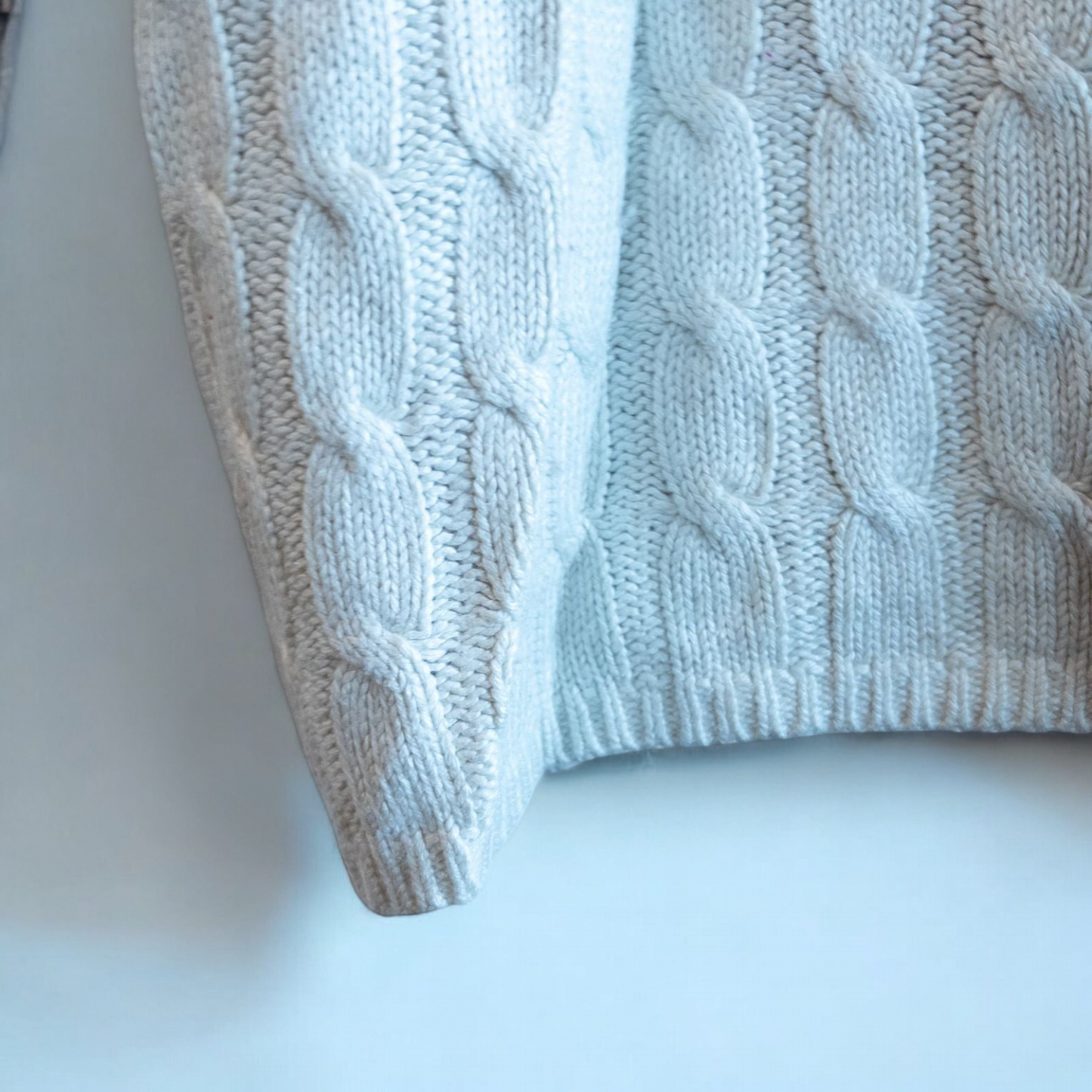 Tan cable knit Talbots turtleneck sweater with silk cashmere blend hanging on a white hanger image 4