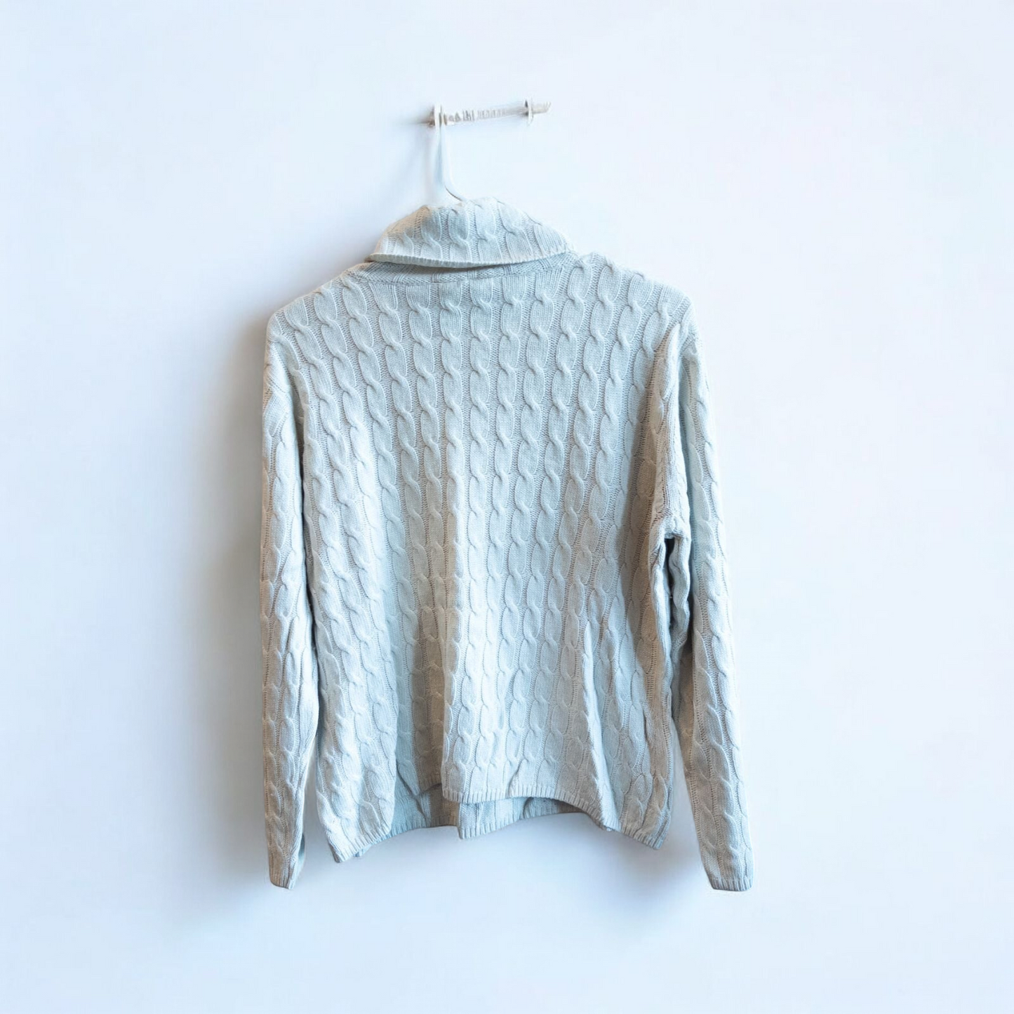 Tan cable knit Talbots turtleneck sweater with silk cashmere blend hanging on a white hanger image 5