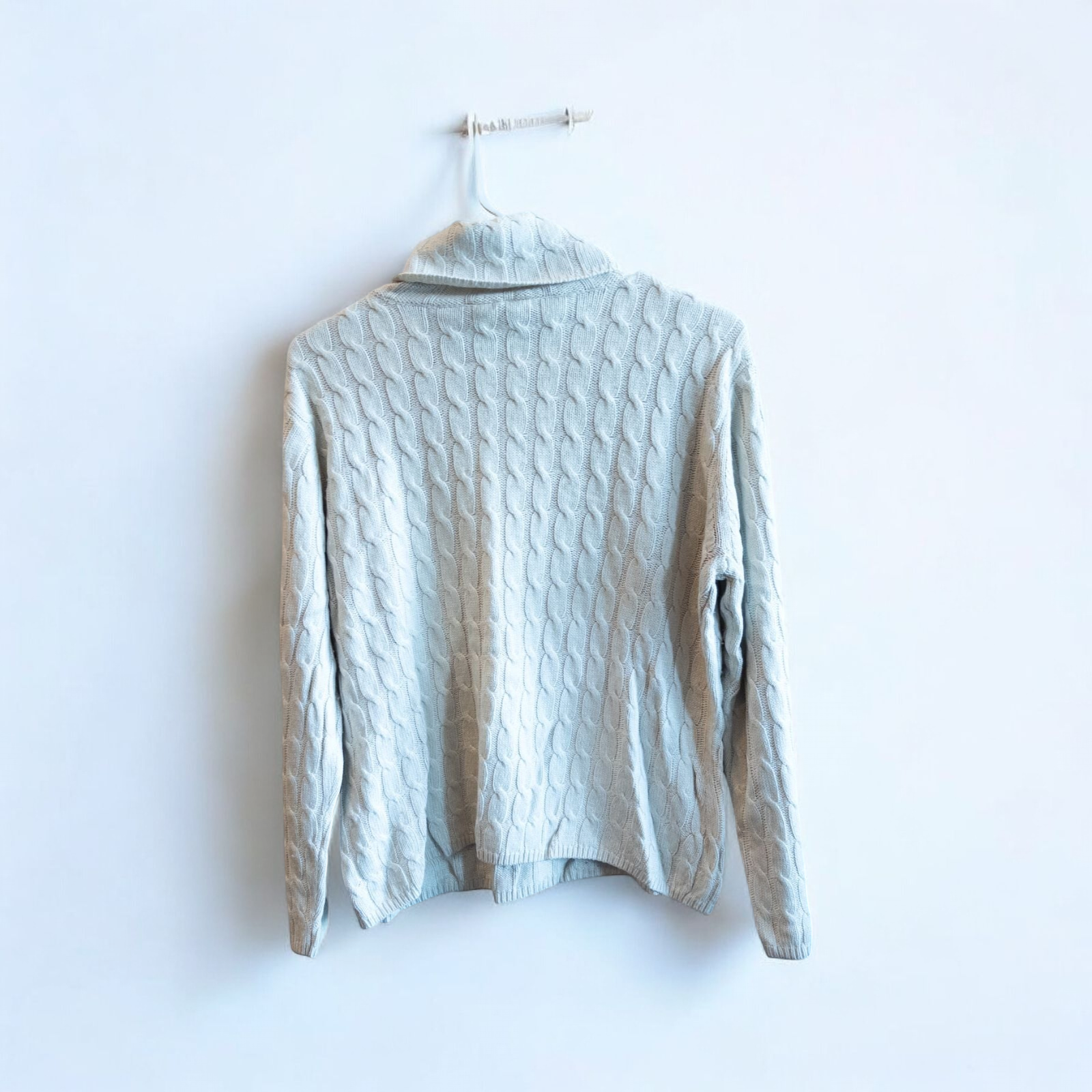 Tan cable knit Talbots turtleneck sweater with silk cashmere blend hanging on a white hanger image 5
