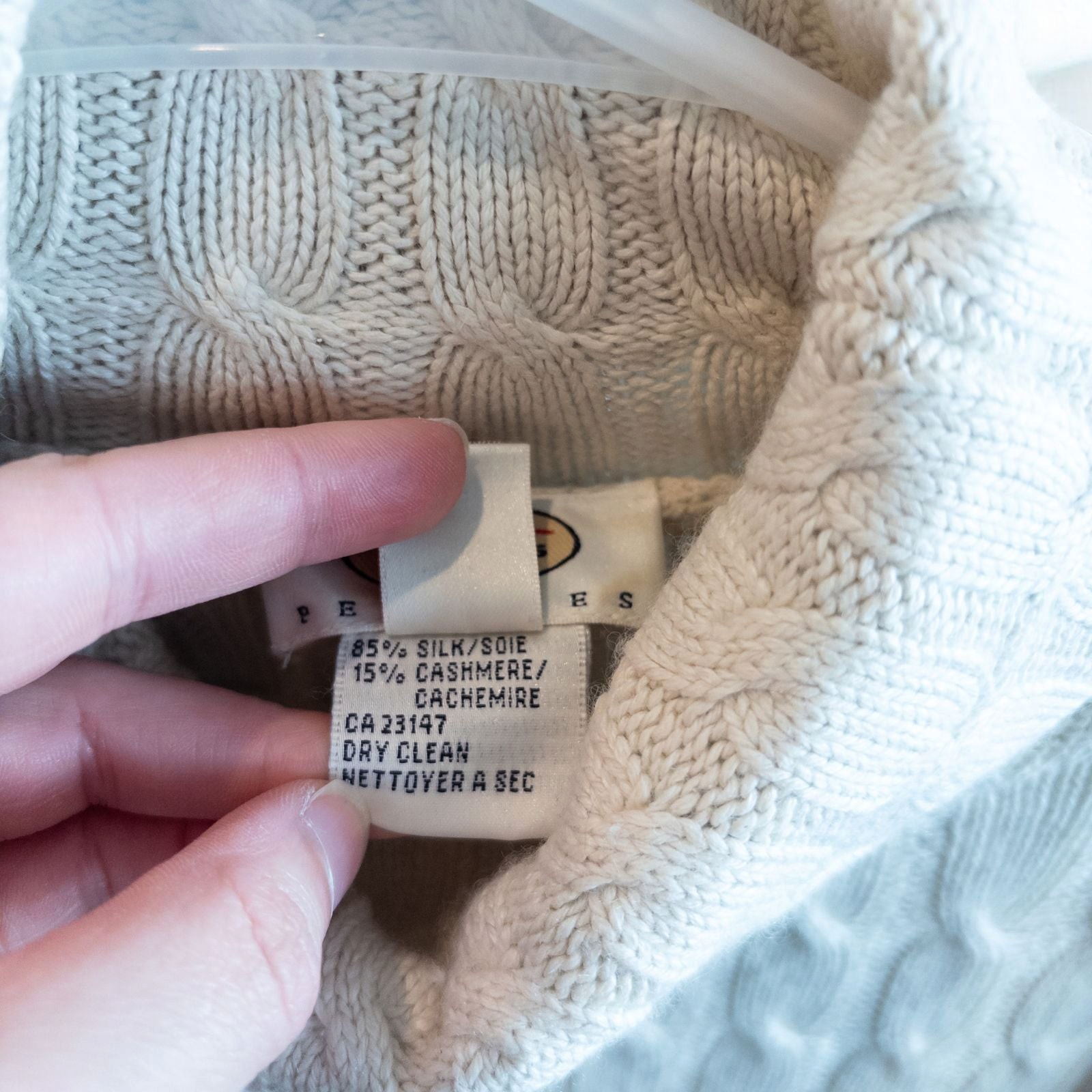 Tan cable knit Talbots turtleneck sweater with silk cashmere blend hanging on a white hanger image 7