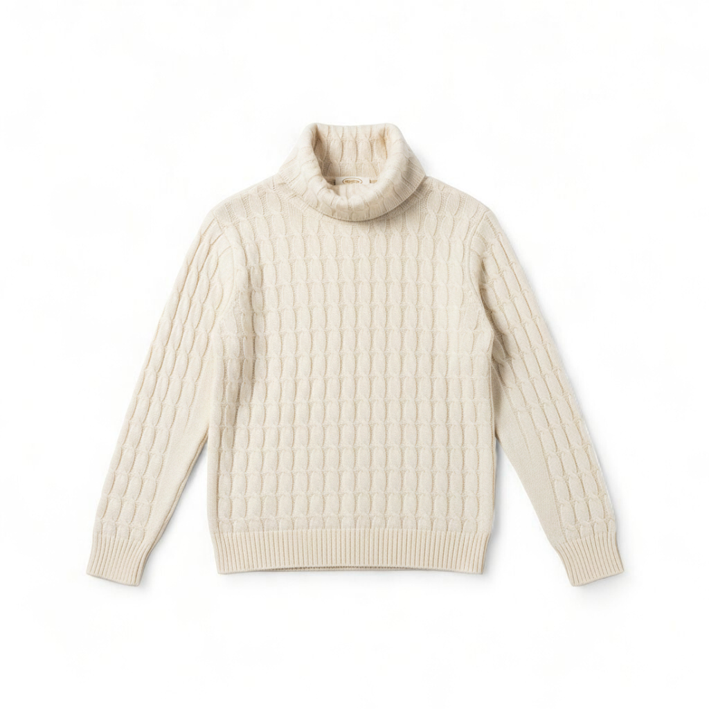 Tan cable knit Talbots turtleneck sweater with silk cashmere blend hanging on a white hanger front on white muslin photography backdrop
