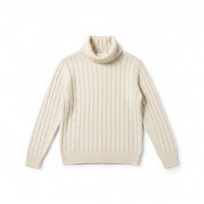 Tan cable knit Talbots turtleneck sweater with silk cashmere blend hanging on a white hanger front on white muslin photography backdrop