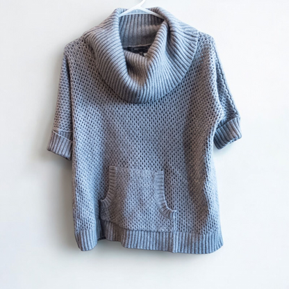 BCBGMaxazria gray dusk open knit cowl neck sweater with short sleeves and front pouch pocket